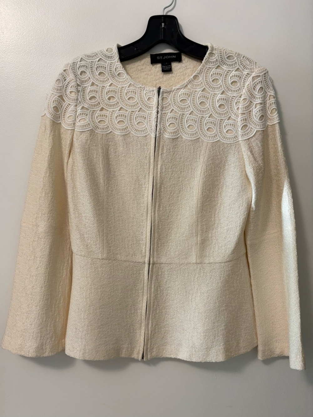 St. John Cream Knit Jacket with Embroidered Lace Size 4
